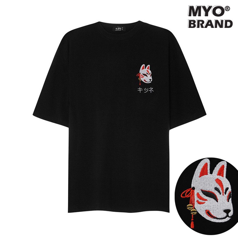 Áo Thun Tay Lỡ Nam MYO Vải Cotton Thêu Kitsune Đen