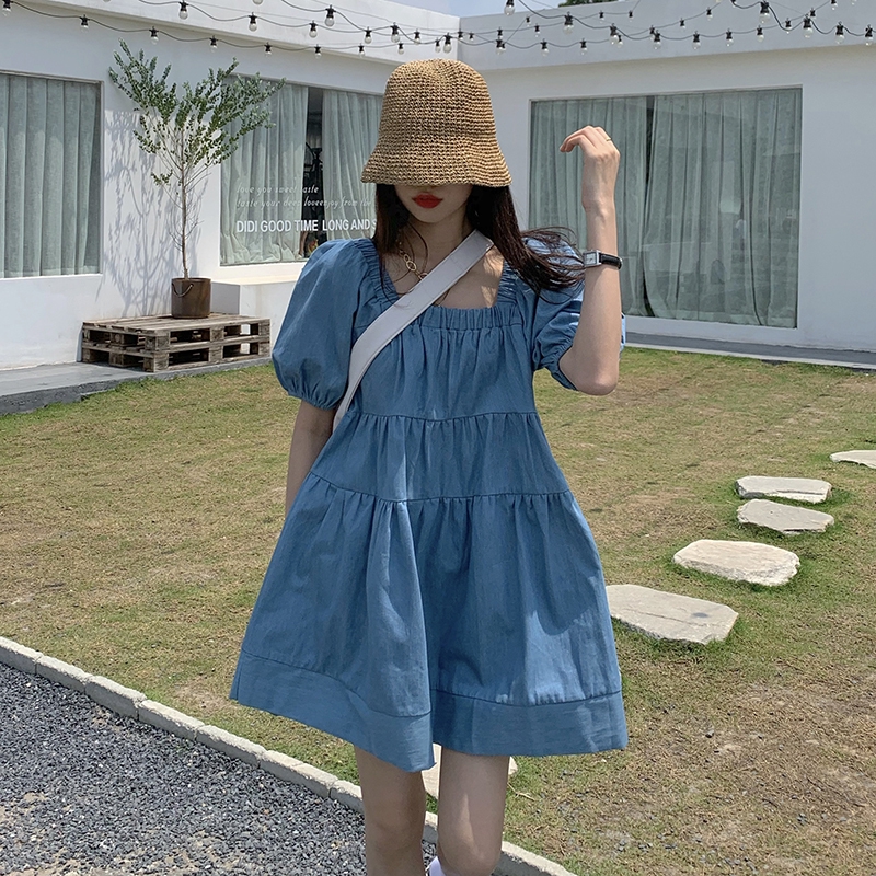  temperament over loose Pleated photo price Dress all Real Korean neck ~ square real skirt denim version | BigBuy360 - bigbuy360.vn