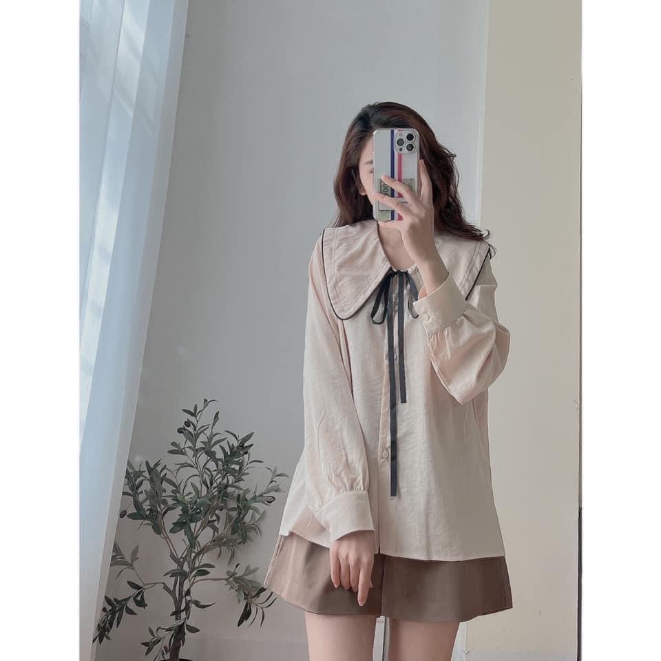 Ảnh thật/video - Áo sơ mi cổ viền chỉ phối nơ cổ