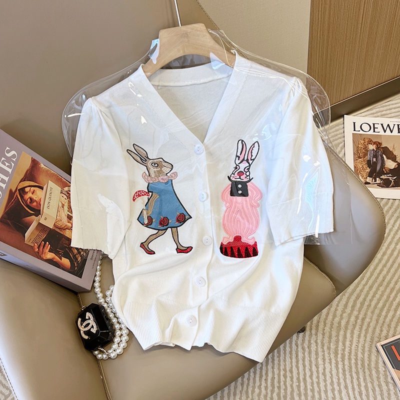 Áo Khoác Cardigan Dệt Kim Tay Ngắn Cổ Chữ V Thêu Hình Chú Thỏ Xinh Xắn Cho Nữ  tao bao