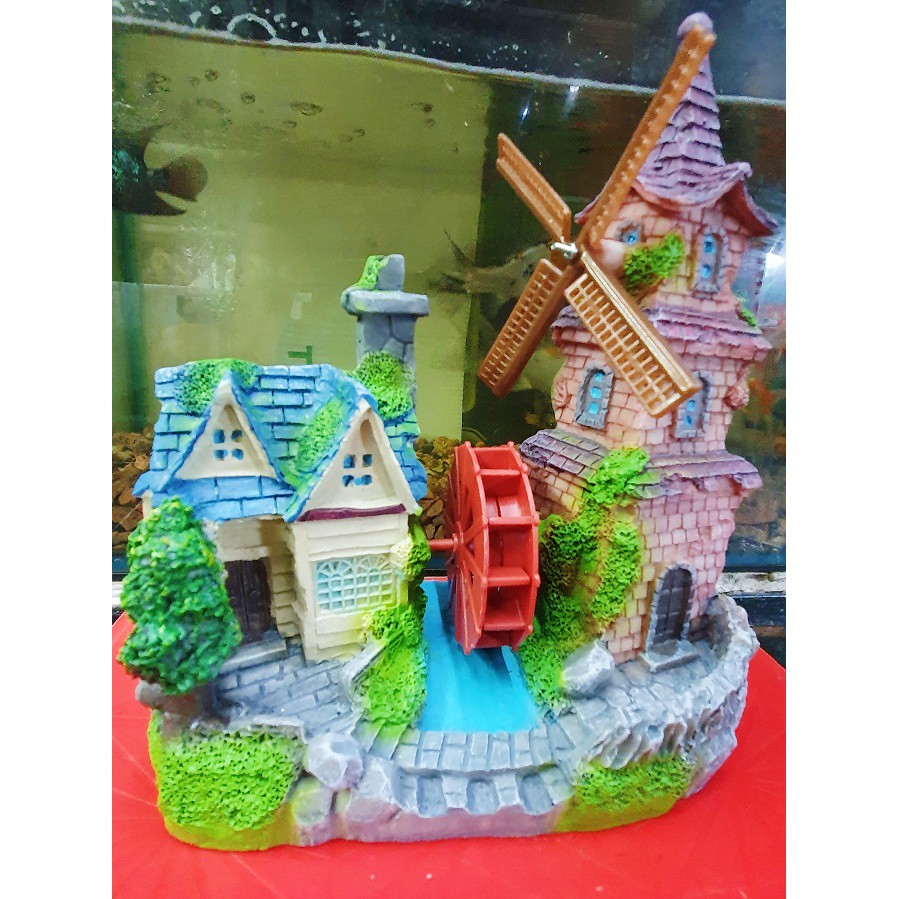 NHÀ CÓ BÁNH QUAY TRANG TRÍ HỒ CÁ NON BỘ 17x9x20CM MẪU 2