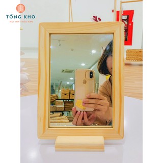 Gương trang điểm để bàn kiểu Hàn khung gỗ tự nhiên
