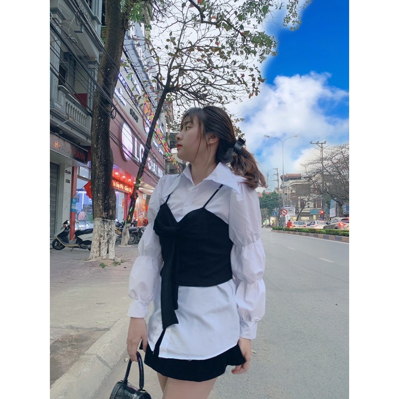 ÁO SƠ MI TAY BỒNG KÈM ÁO YẾM NƠ | BigBuy360 - bigbuy360.vn