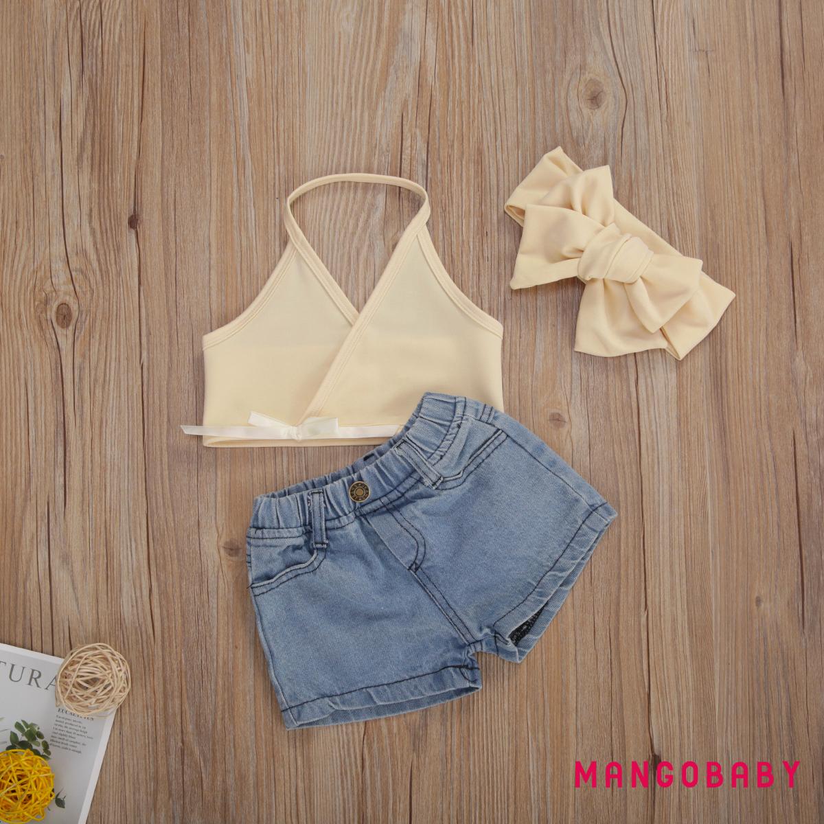 MG-3 Pcs Infant Solid Color Outfits, Toddler V-neck Halter Top Denim Shorts with Pockets Bow Headdress