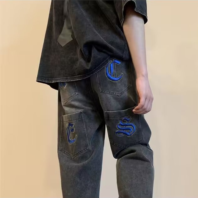 Quần jean nam quần jean nam nữ chân thẳng thêu cổ điển quần jean unisex nhiều túi thời trang phong cách Hàn Quốc quần jean ống rộng có khóa kéo bigsize