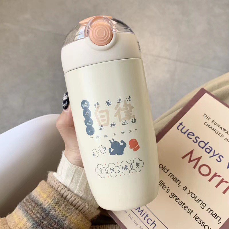 Bình Giữ Nhiệt Cute 450ML Inox304 Phong Cách Dễ Thương Có Ống Hút Kèm Theo