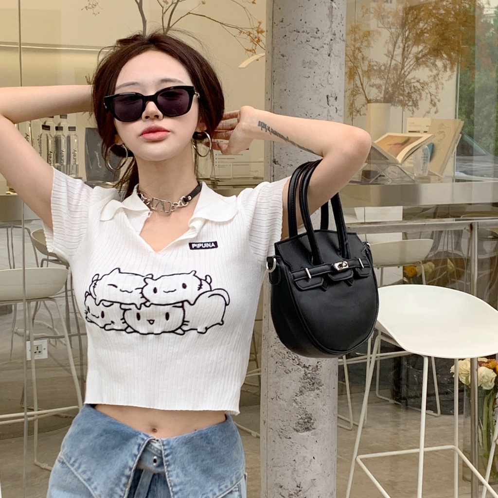 Áo croptop ZHELIHANGFEI cổ polo dệt kim tay ngắn thiết kế quyến rũ cá tính cho nữ