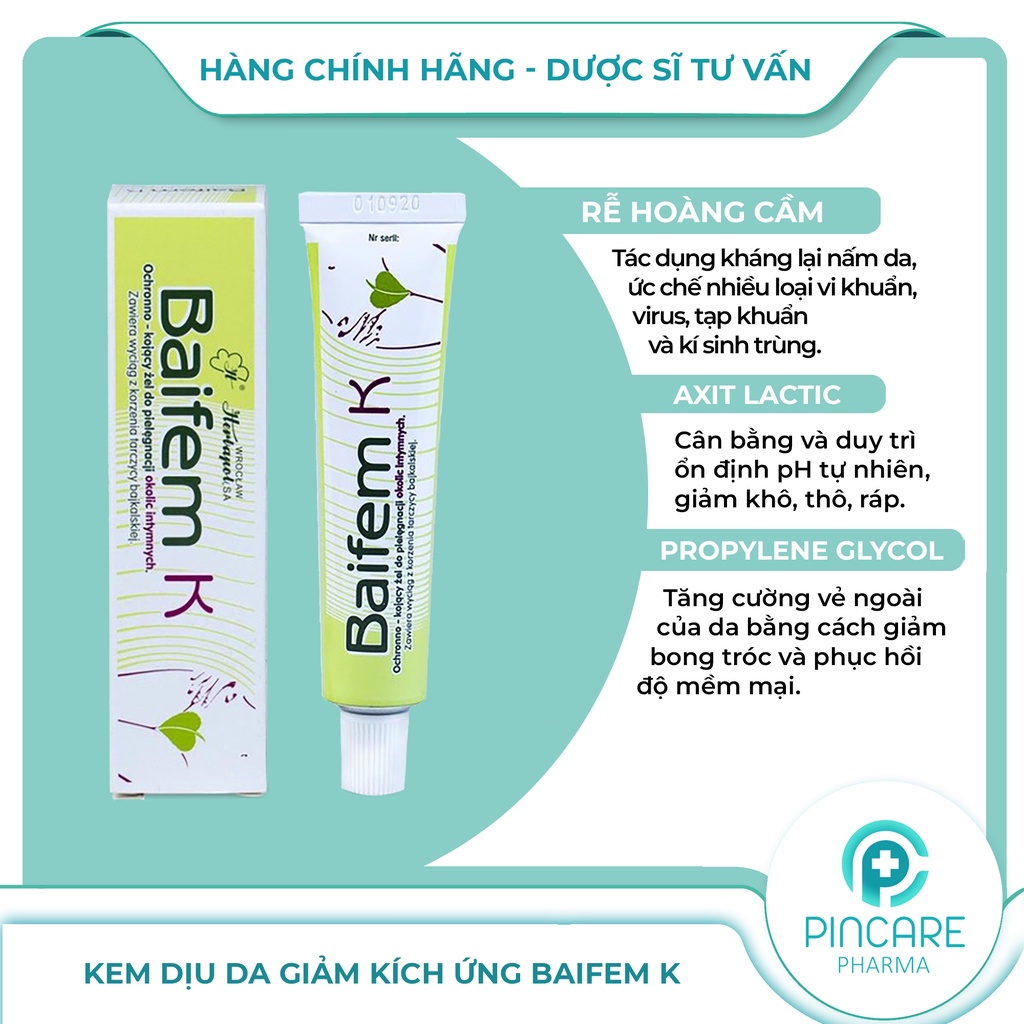 Gel dưỡng Hoàng Cầm BAIFEM K 15g giảm ngứa, mẩn đó giúp làm dịu da - Hàng chính hãng - Nhà thuốc Pincare