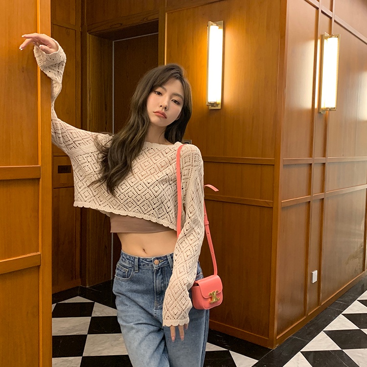 SUXI Áo Dệt Kim Mỏng Tay Dài Dáng Rộng Màu Trơn Thời Trang Mùa Hè Dễ Phối Đồ Cho Nữ