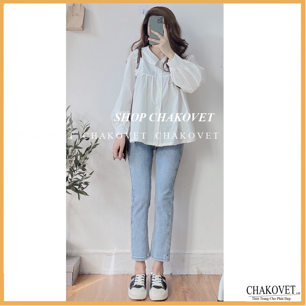 Áo sơ mi nữ dài tay form rộng CKA872, kiểu áo nữ cổ bẻ dáng babydoll trắng tiểu thư vai bèo mặc đi làm, đi học, đi chơi | BigBuy360 - bigbuy360.vn