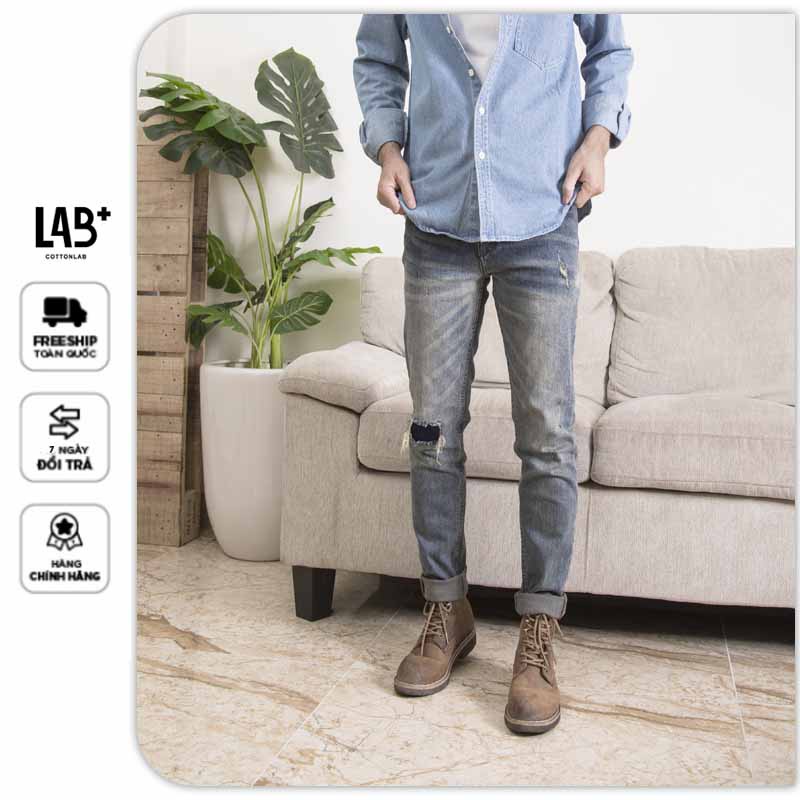 Quần Jean nam vải Denim co giãn nhẹ form Slim | quần nam jean xanh rách gối - LAB703