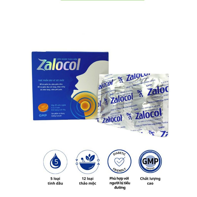 Viên ngậm thảo mộc Zalocol  Hỗ trợ giảm ho, đau họng, khản tiếng do viêm họng