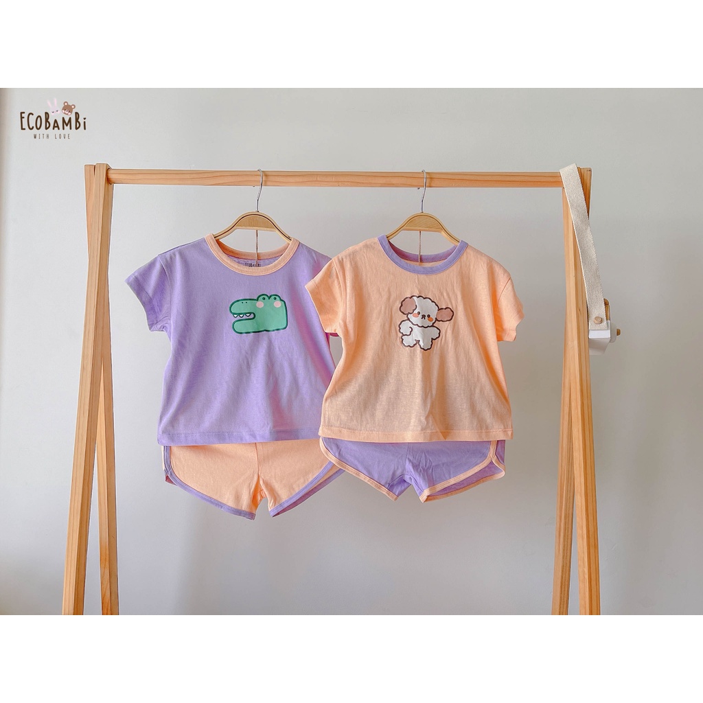 Bộ UNISEX QUẦN SHORTS viền thể thao thun cotton Heather phong cách Hàn Quốc in hoạ tiết nổi dễ thương cho bé ECOBAMBI