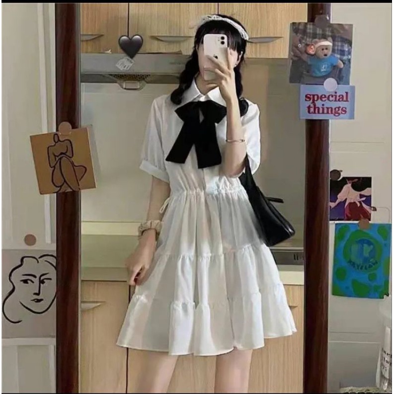 Váy Tiểu Thư Cổ Đức Phối Nơ Đen Chất Von Mềm Mịn 2 Lớp Dày Dặn ( Kèm Ảnh Thật)