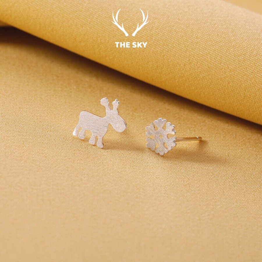 Khuyên Tai Bạc, Bông Tai Nữ Bất Cân Xứng Hình Hoa Tuyết Và Chú Tuần Lộc Dễ Thương S92590
