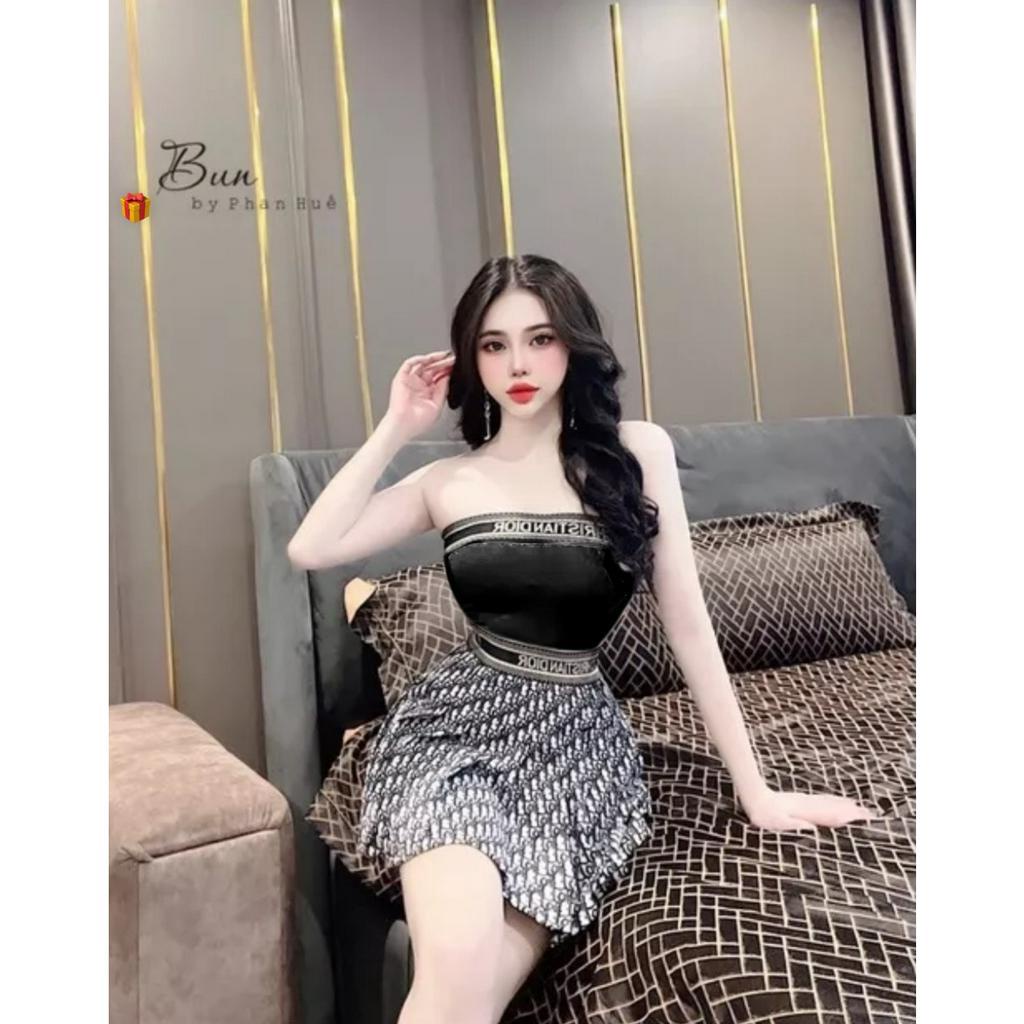 set bộ áo ống viền hiệu chân váy dập ly chữ hiệu sang chảnh