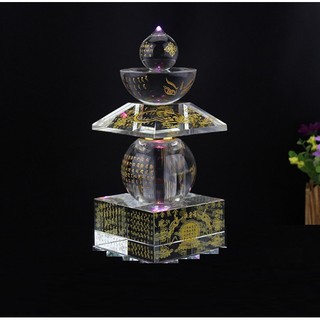 Tháp thờ xá lợi Phật cao 12cm, bằng pha lê trắng, khắc Kinh Bảo Khiếp Ấn Đà La Ni