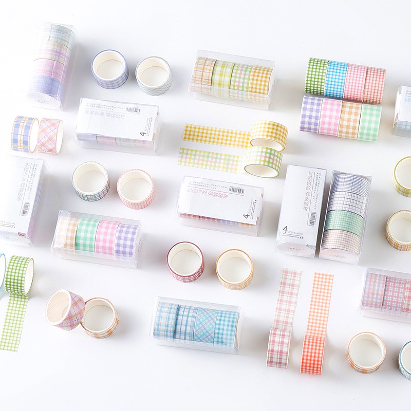 Băng keo dán họa tiết sọc caro (4 cuộn) - 2cm x 2m - Washi Tape