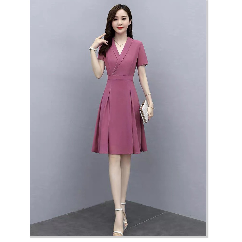 Đầm nữ cổ vest xếp ly tay lỡ dự tiệc sang chảnh thời trang cao cấp