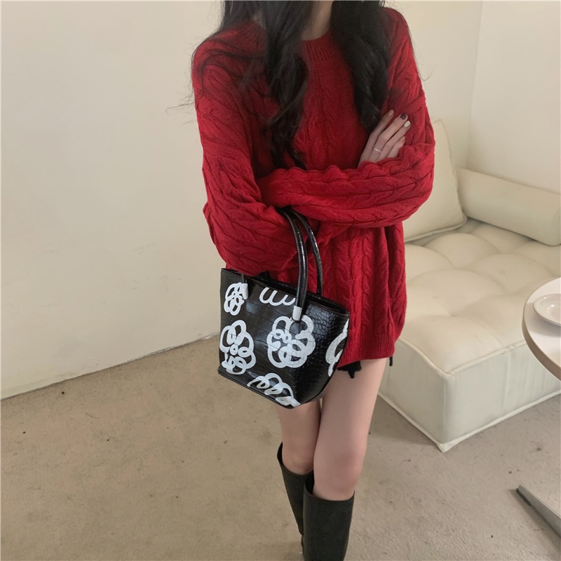 SUXI Áo len màu trơn dáng rộng cổ tròn thời trang phong cách retro dành cho nữ