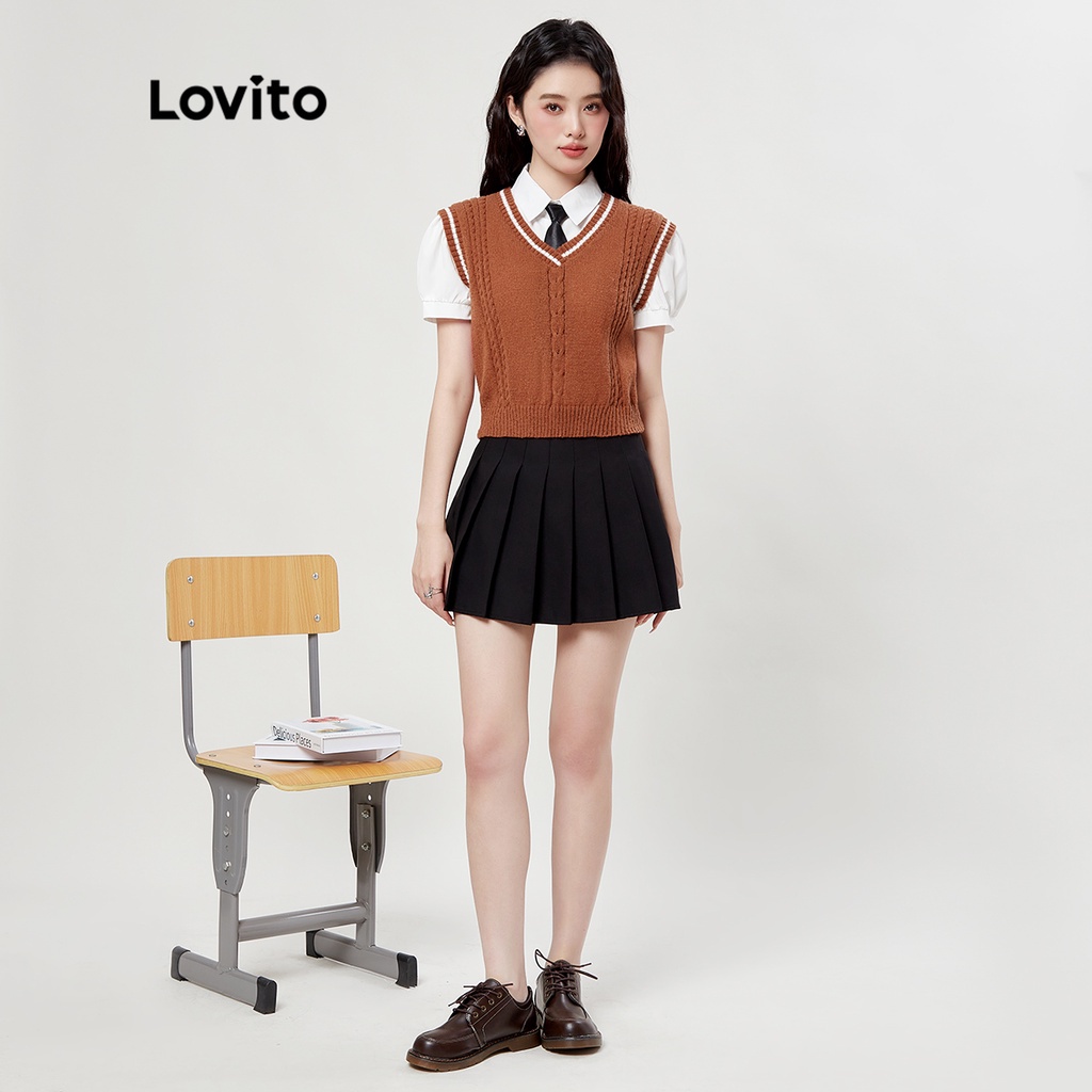 Lovito Preppy Colorblock V Cổ nữ dệt kim trên cùng L33ED056 (Nâu)