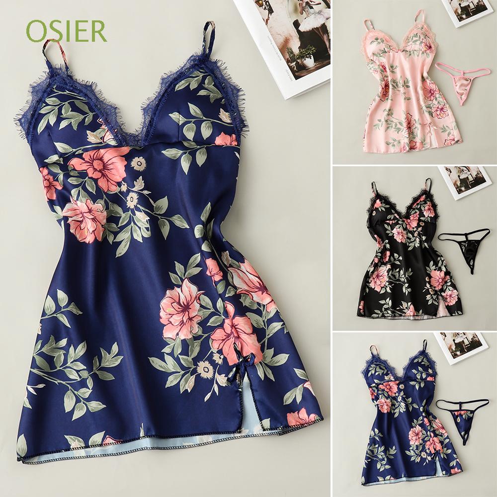 Đầm ngủ sát nách phối ren hoa thiết kế quyến rũ dành cho nữ kèm quần lót