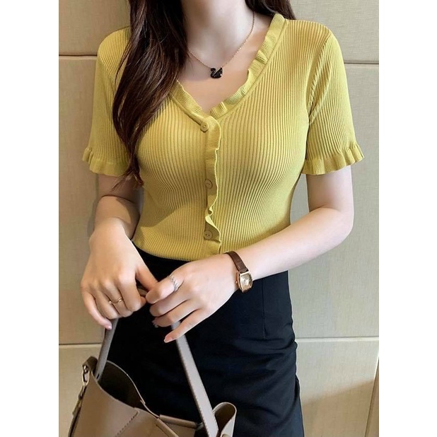 Áo Gân Viên Bèo Cổ V Tay Ngắn Cực Đẹp Siêu Trend TTVV0066