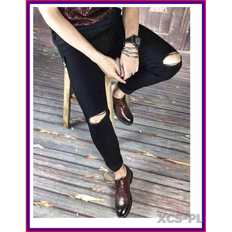 Quần jean nam cao cấp ĐEN RÁCH GỐI siêu đẹp không xù lông, không ra màu, chất giãn tốt rrgoi3-1.253