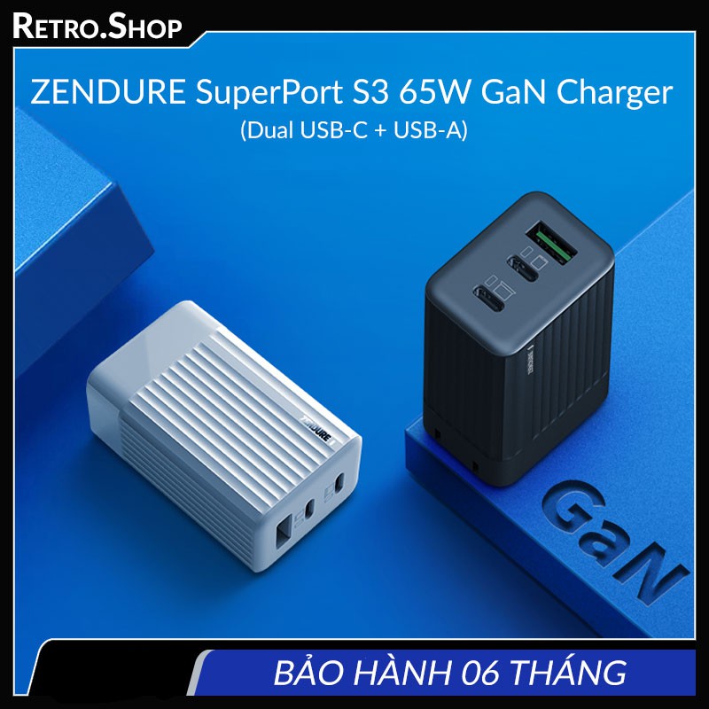 Củ Sạc 65W Zendure SuperPort S3 GaN 2 Pro Sạc Nhanh 3 cổng PD, QC, Cho Macbook, Dell, Thinkpad, iPhone, Samsung, Oppo