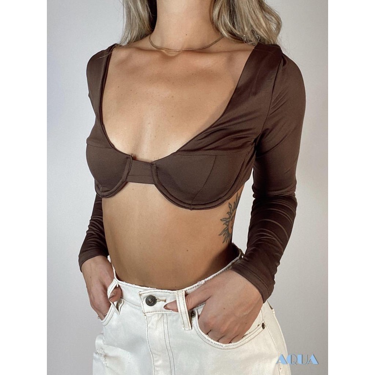 Áo Thun Crop Top Tay Dài Khoét Sâu Màu Trơn Gợi Cảm Cho Nữ