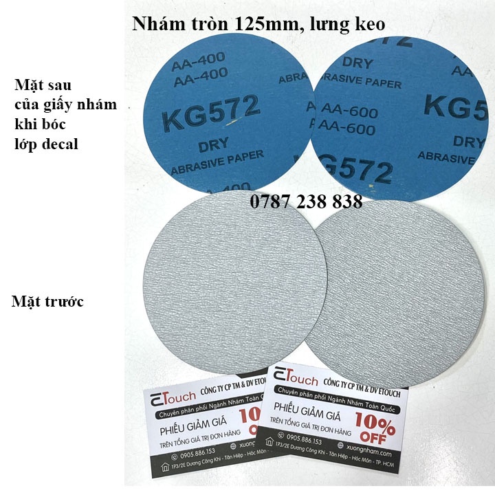Giấy nhám tròn 125mm, lưng keo, mặt nhám phủ bột trắng