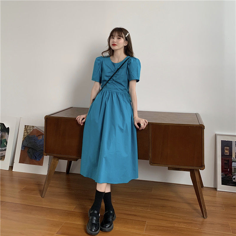 Đầm nữ ngắn tay cổ tròn eo thắt dây thời trang