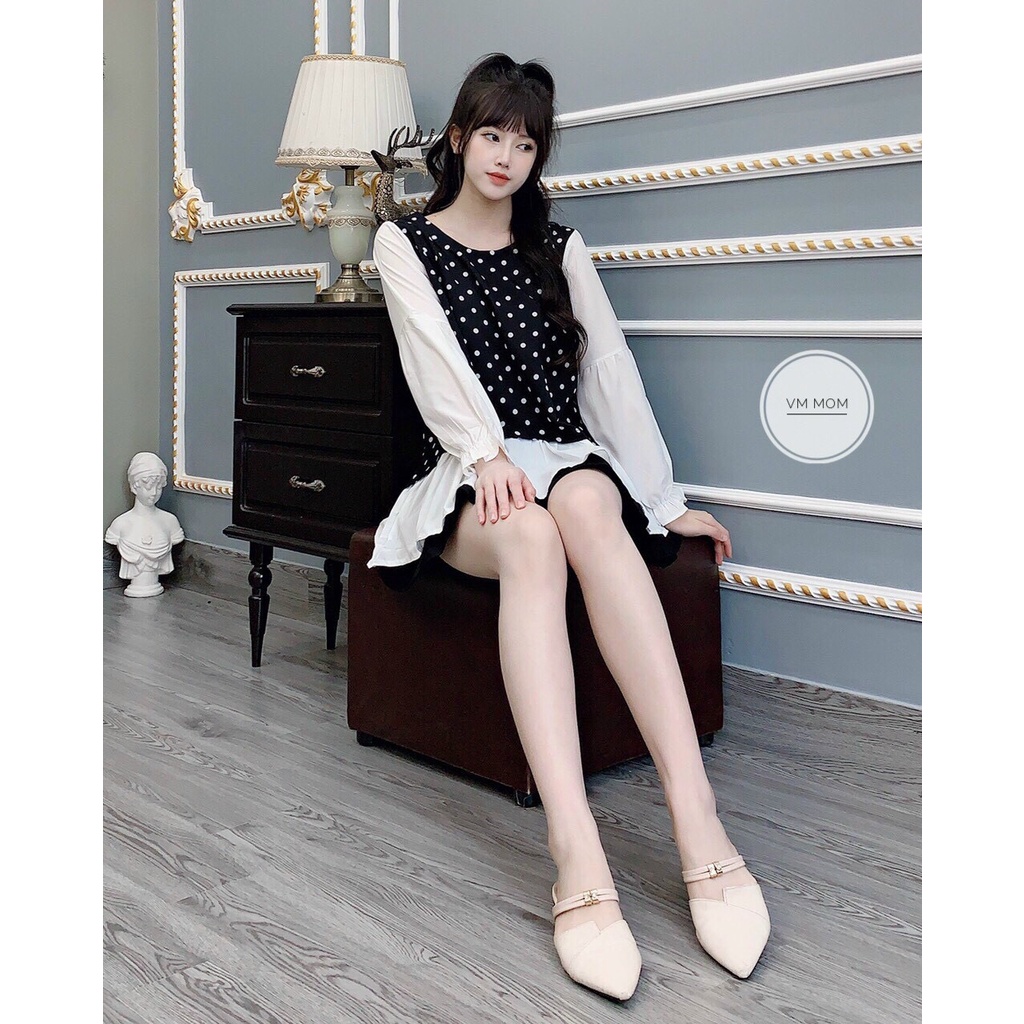 Áo bầu thu chất lụa chéo chấm bi tay bèo phối trắng XOÀI BOUTIQUE freesize 40-68kg, bầu, béo mặc đều đẹp