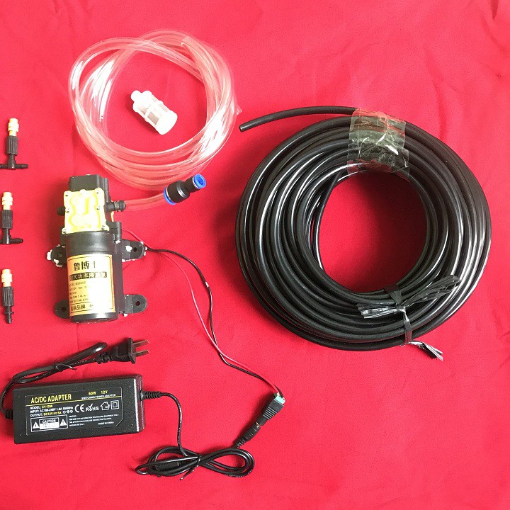 Bộ máy bơm phun sương làm mát,tưới lan 15 béc phun sương - kèm nguồn 12v5a - điều tốc máy bơm