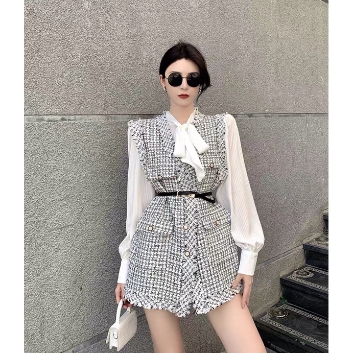 Áo khoác gile chất dạ tweed kèm belt