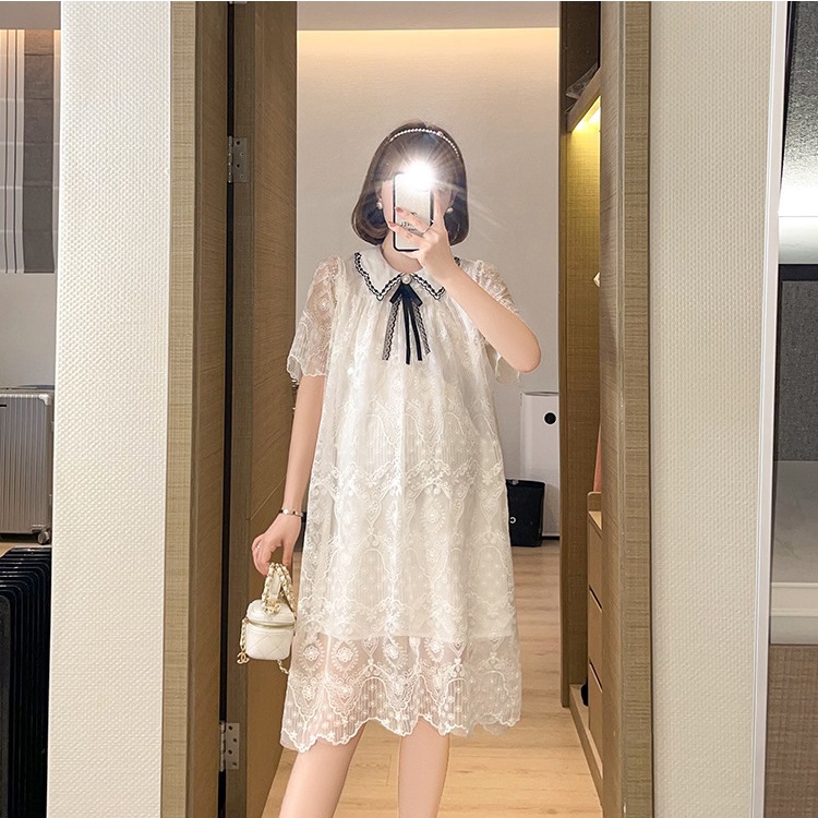 Váy đầm bầu cổ sơ mi ren thiết kế công sở, dự tiệc cho mẹ bầu phong cách hàn quốc sang trọng lịch sự mới mùa hè