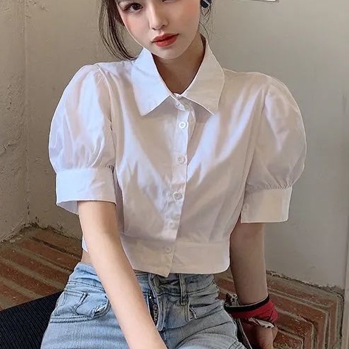 Áo Sơ Mi Trắng Tay Phồng Dáng Rộng Phong Cách Hàn Quốc Thời Trang Mùa Hè Mới Cho Nữ