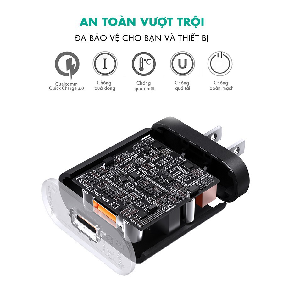 Cốc Sạc Nhanh AUKEY PA-T9, Q.C 3.0 18W Sạc Nhanh Gấp 4 Lần Sạc Thường - Bảo hành 24T