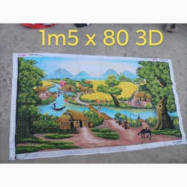 Tranh thêu tay thêu sẵn Đồng quê kích thước 1m5 x 80 tranh 3D