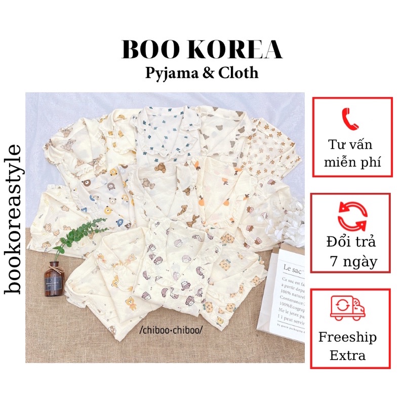 Bộ đồ ngủ nữ cộc tay viền bèo chất đũi xốp Hàn, bộ ngủ mặc nhà pyjama cute freeship[ Boo korea]