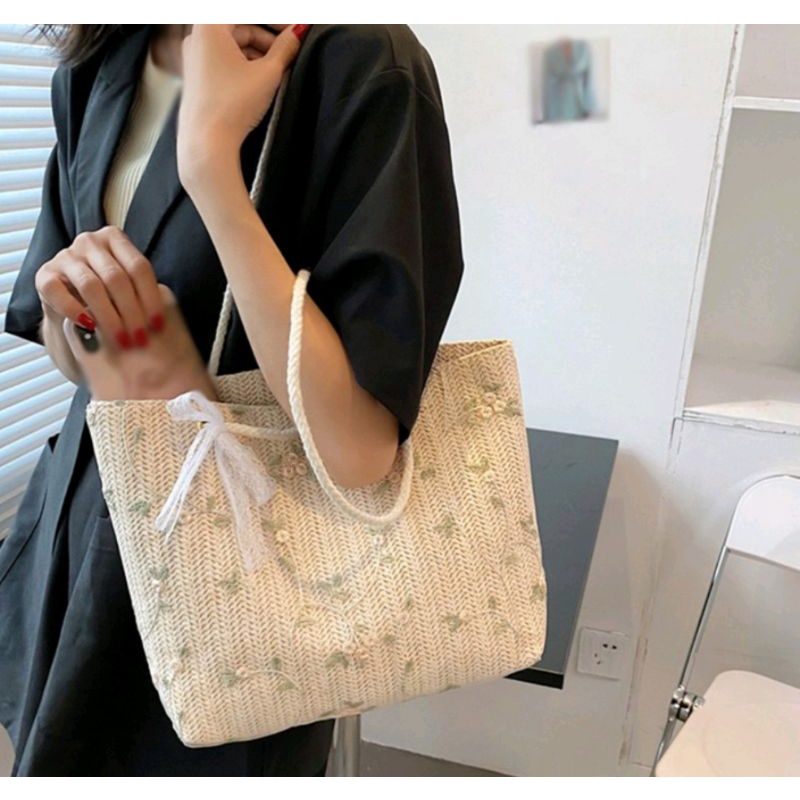 Túi cói đi biển phong cách vintage phối nơ ren xinh