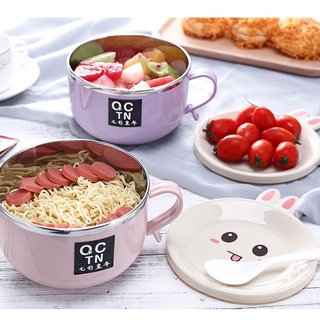 Bát úp mỳ đựng bột inox mặt THỎ dễ thương có quai cầm, tô đựng thực phẩm an toàn