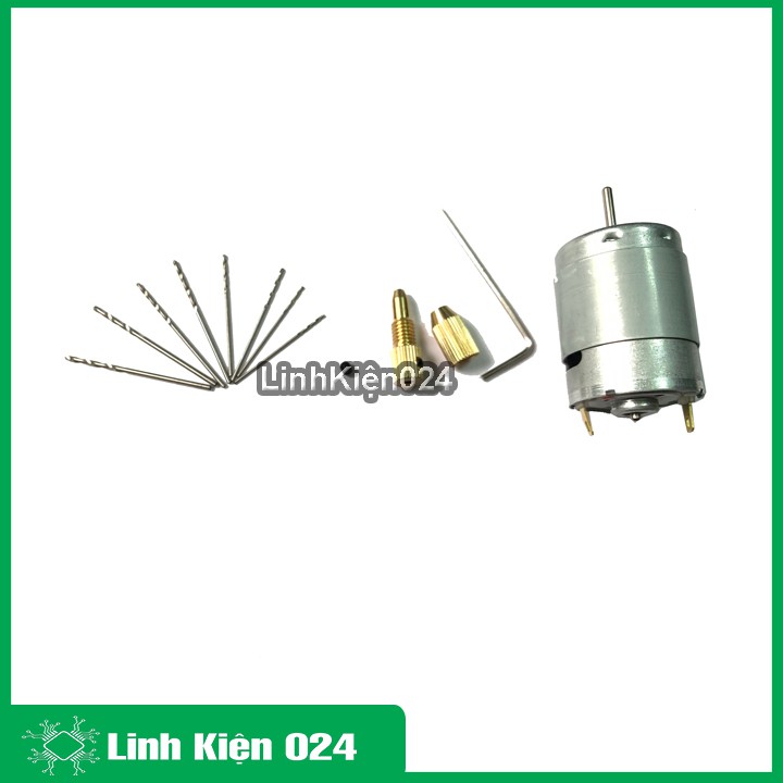 Khoan mini siêu khỏe chế từ động cơ 335 và phụ kiện V1 (01 đầu kẹp 2315, mũi khoan 0.8-1.0-1.2-1.5mm mỗi loại 2 chiếc)