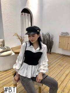 Áo sơ mi phối đen ngực dáng xoè