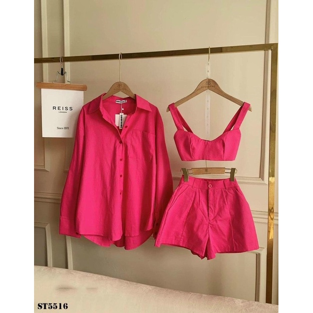 Có mút ngực Set 3 món cực cá tính áo sơ mi phối áo dây croptop kèm quần short