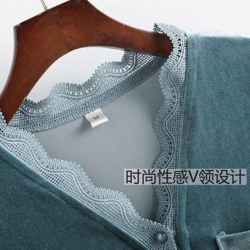 Bộ Pijama Vải Nhung Dài Tay Viền Ren Gợi Cảm Dành Cho Nữ