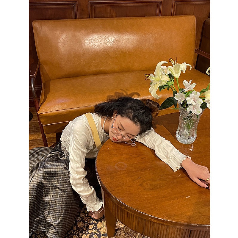 Áo thun tay dài cổ tròn màu sắc đơn giản phong cách retro