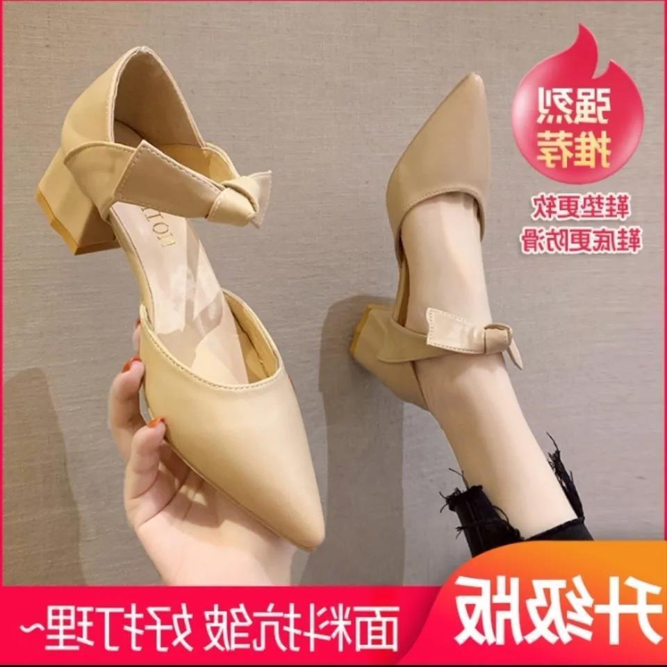 Size 35-43 Large Size Women's Shoes 41 Pointed Toe White High Heels Women's Thick Heel Summer New Style Baotou Bowknot S