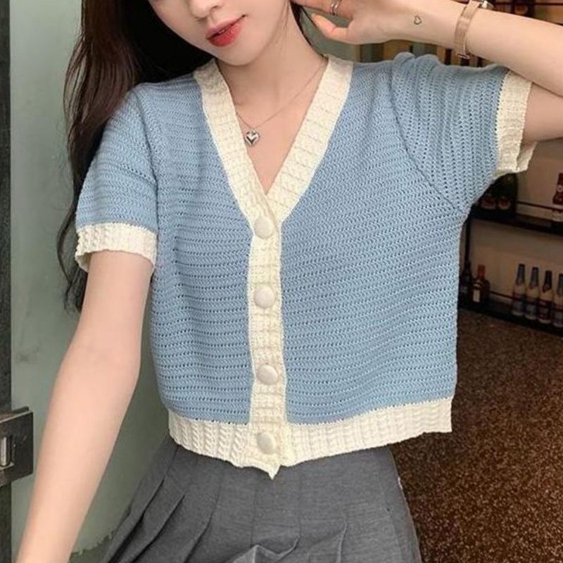 Áo Khoác Cardigan Dệt Kim Mỏng Tay Ngắn Cổ Chữ V Cài Nút Nhiều Màu Sắc Thời Trang Mùa Hè Cho Nữ