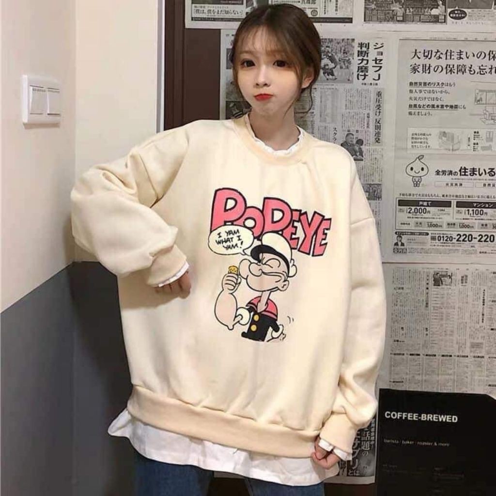 ÁO SWEATER NỈ UNISEX POPEYE NỮ MÀU KEM CỰC ĐEP, CHẤT VẢI DÀY,GIỮ ẤM CỰC TỐT
